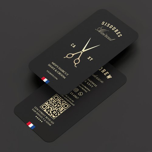 Modern Barber Black Gold Scissors Red Blue White Business Card