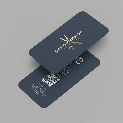 Modern Barber Gold Scissor Barbershop Dark Blue Business Card