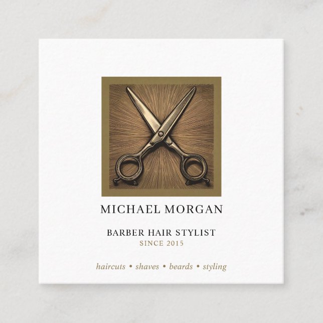 Modern Barber Hair Stylist Scissors Square Business Card (Front)