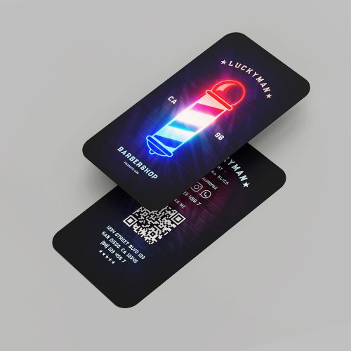 Modern Barber Neon Barbers Pole Red White Blue Business Card