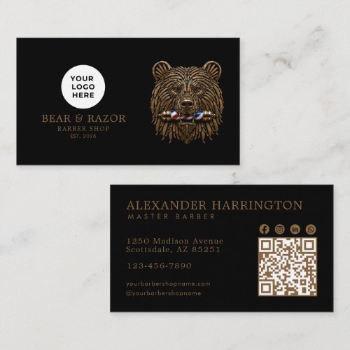 Modern Barber Shop Bronze Bear Logo Qr Code Business Card