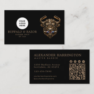 Modern Barber Shop Bronze Buffalo Logo Qr Code Business Card