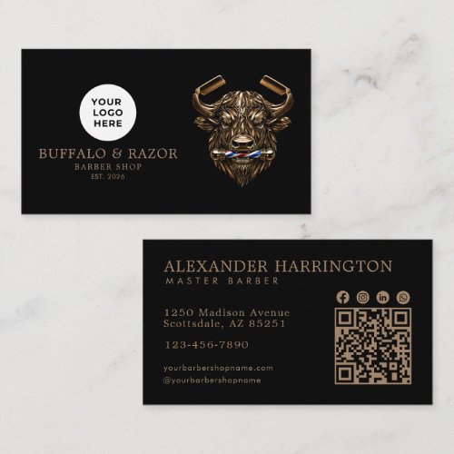 Modern Barber Shop Bronze Buffalo Logo Qr Code Business Card