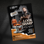 Modern Barber Shop Chair Hair Stylist Hairdresser Flyer<br><div class="desc">Boost your barbershop's visibility with this striking and modern flyer template! This professionally designed template is perfect for attracting new clients and promoting your services. The design features a bold,  masculine aesthetic with a high-quality image.
Easily edit the template to include your logo,  contact information,  and services offered.</div>
