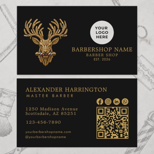 Modern Barber Shop Gold Stag Qr Code Social Icons Business Card
