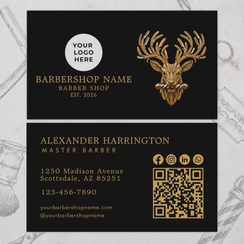 Modern Barber Shop Gold Stag Qr Code Social Icons Business Card