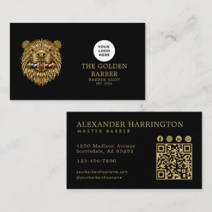 Modern Barber Shop Golden Beaver Logo Qr Code Business Card