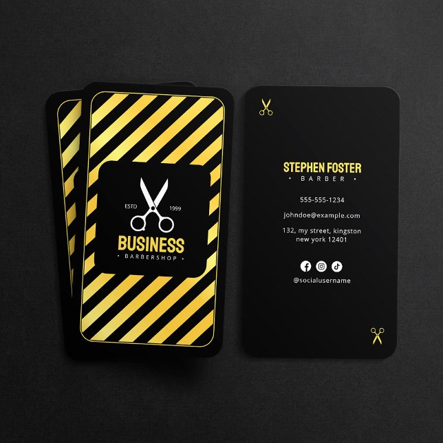Modern Barber Shop Hair Barbershop Black Gold Business Card (Creator Uploaded)