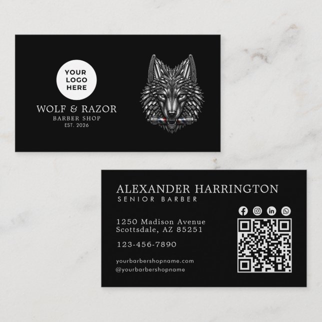 Modern Barber Shop Silver Wolf Logo Qr Code Business Card (Front/Back)