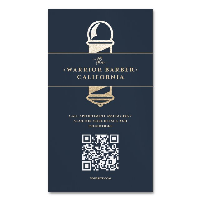 Modern Barbershop Barber's Pole Barber QR Business Card Magnet (Front Vertical)