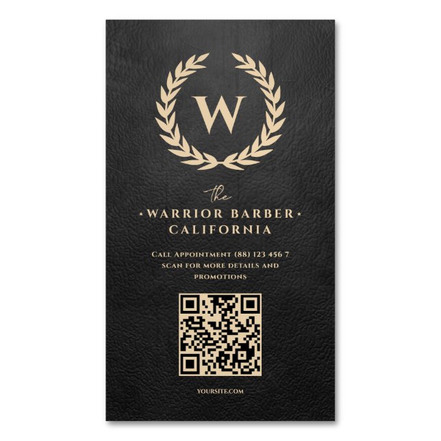 Modern Barbershop Black Leather Monogram Barber  Business Card Magnet (Front Vertical)