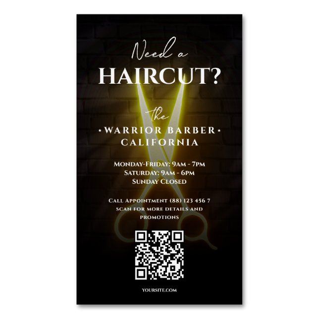 Modern Barbershop Haircut Barber Opening Hours Business Card Magnet (Front Vertical)