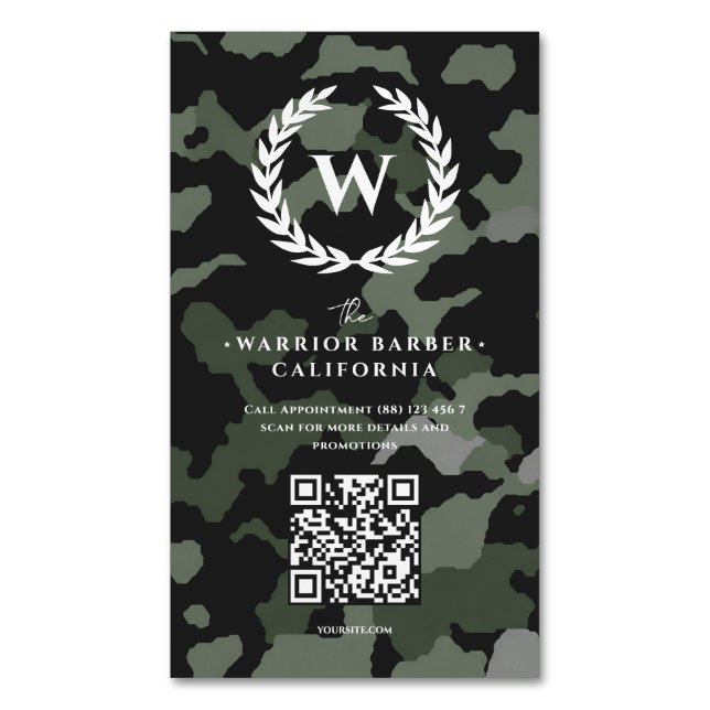 Modern Barbershop Monogram Camouflage Barber  Business Card Magnet (Front Vertical)