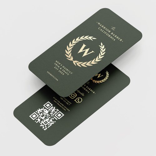 Modern Barbershop Monogram Mens Haircut Shave QR Business Card