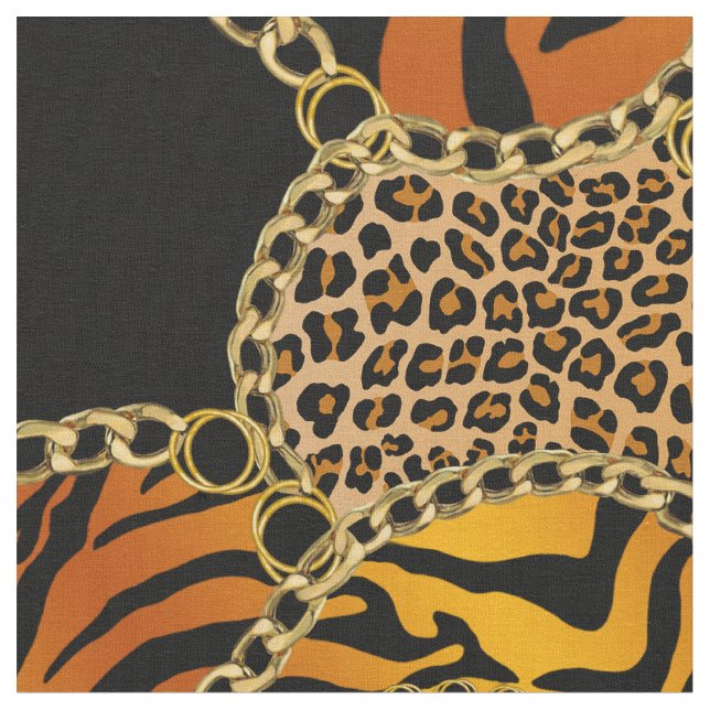 Modern Baroque Animal Print With Chains On Black Fabric (Close Up)