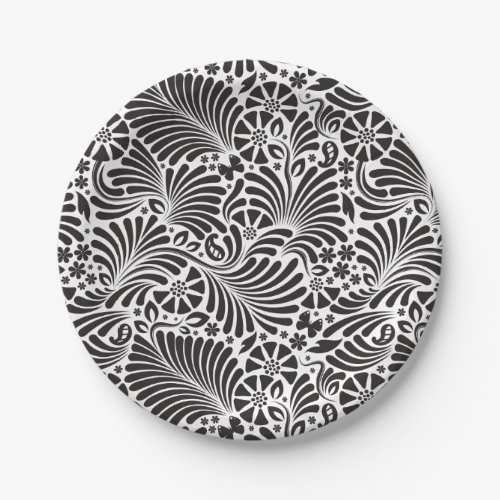 Modern Baroque Floral Black and White Paper Plates