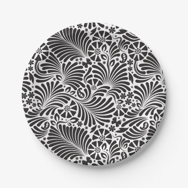 Modern Baroque Floral Black and White Paper Plates (Front)