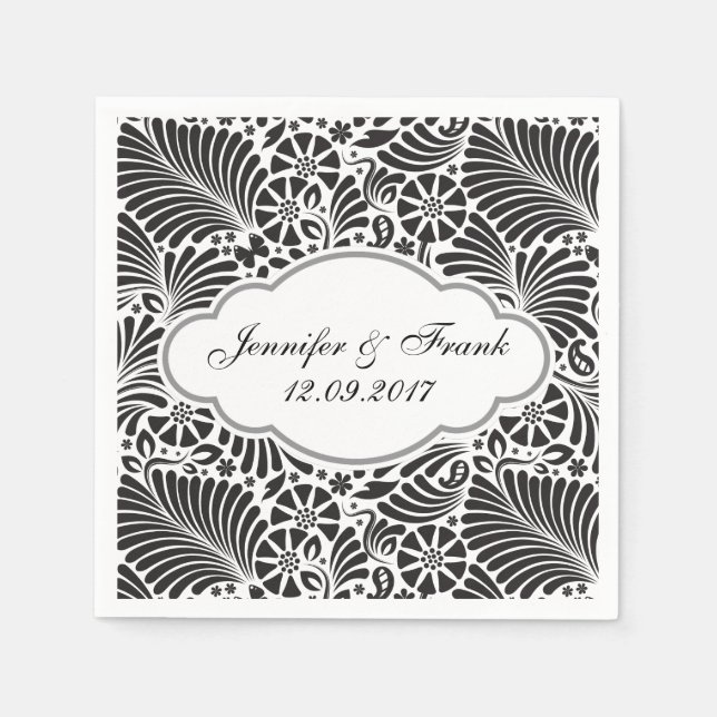 Modern Baroque Floral Black and White Wedding Paper Napkins (Front)