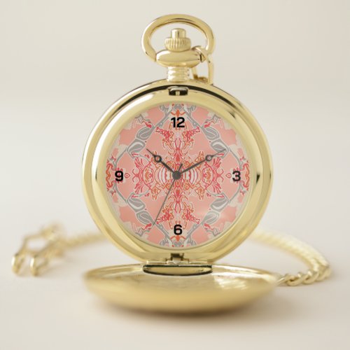 Modern Baroque Pattern in Pink Red Cream Pocket Watch