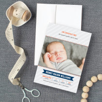 Modern Baseball Baby Boy Navy Orange Photo Birth Announcement