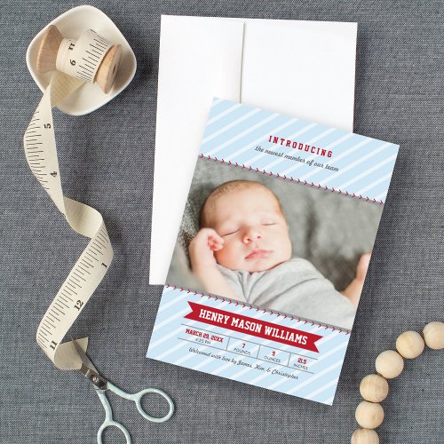 Modern Baseball Blue and Red Baby Boy Photo Birth Announcement