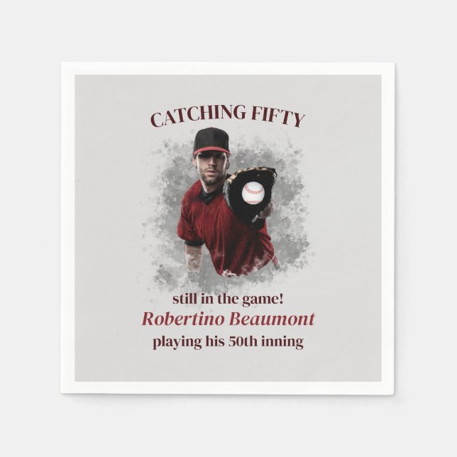 Modern Baseball Catching Fifty Men's 50th Birthday Napkins (Front)