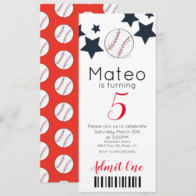 Modern Baseball Pattern Ticket Style Party Invitation | Zazzle
