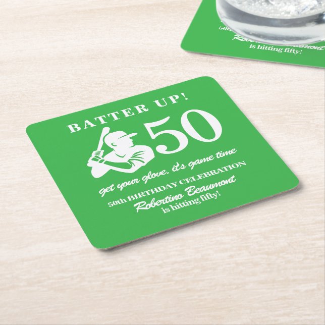 Modern Baseball Player Men's 50th Birthday Square Paper Coaster (Angled)