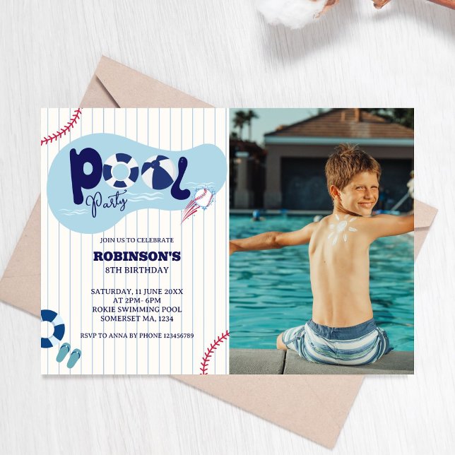 Modern Baseball Pool Birthday Party Photo Invitation (Creator Uploaded)