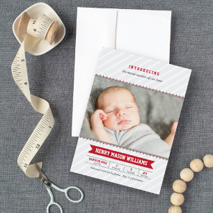 Modern Baseball Red Gray Baby Boy Photo Birth Announcement