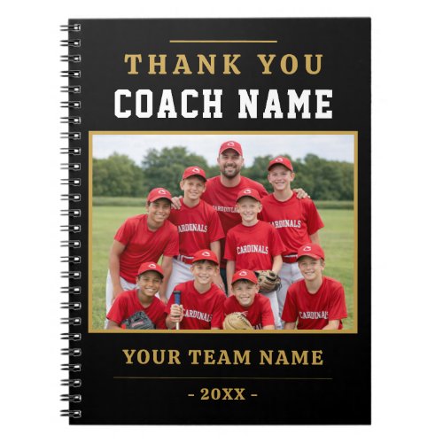 Modern Baseball Team Photo Coach Thank You Notebook