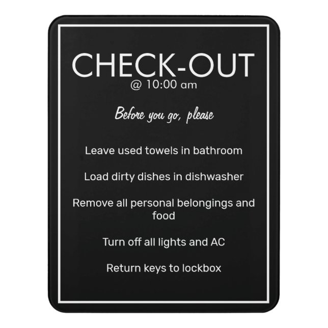 Modern Basic Black Guest Check Out Sign (Contemporary Vert)
