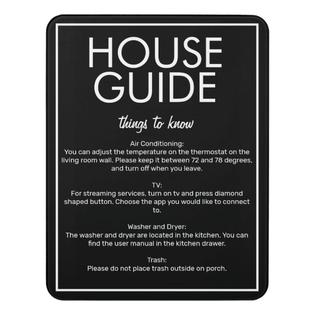 Modern Basic Black House Guide Guest Sign (Contemporary Vert)