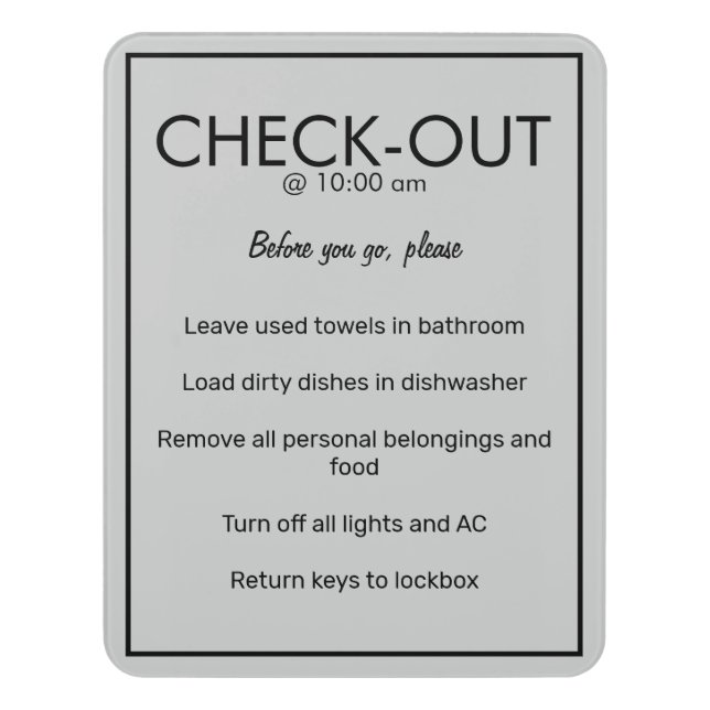 Modern Basic Gray Guest Check Out Sign (Contemporary Vert)