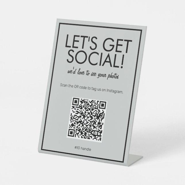 Modern Basic Gray Social Media QR Code Table Sign (Front)