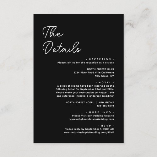 Modern Basic Luxury Black Wedding Details Enclosure Card
