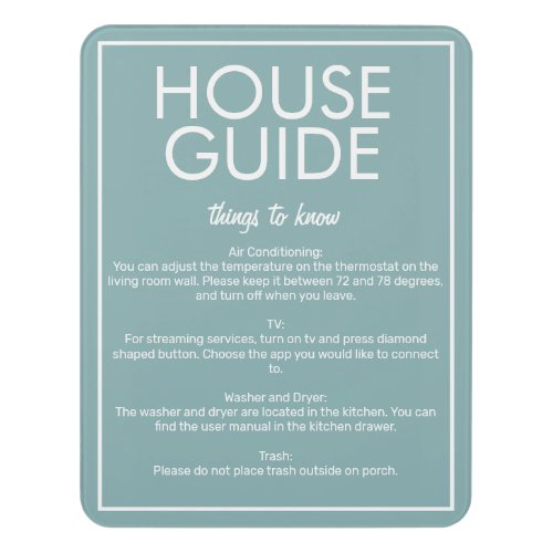 Modern Basic Teal House Guide Guest Sign