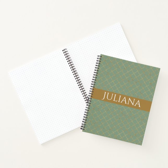 Modern Basil Green Gold Quatrefoil Personalized   Notebook (Inside)