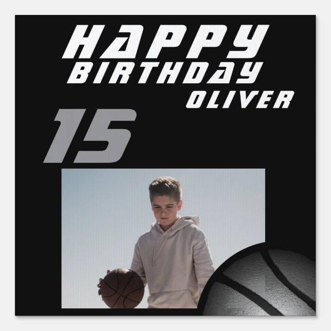 Modern Basketball Ball Boy Photo Happy Birthday Si Sign (Front)