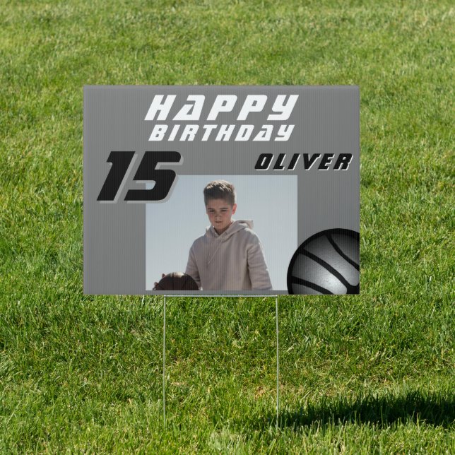 Modern Basketball Ball Boy Photo Happy Birthday  Sign (Insitu)