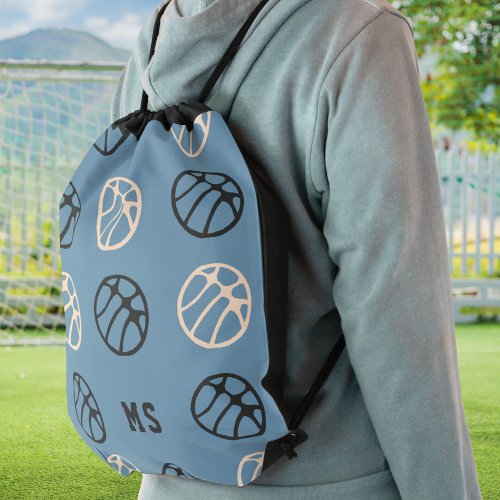 Modern Basketball Ball Pattern Blue Monogram Drawstring Bag