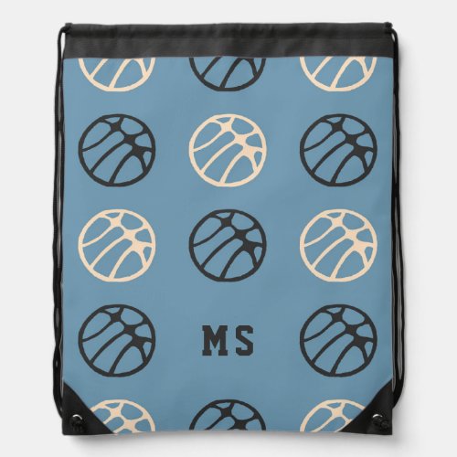 Modern Basketball Ball Pattern Blue Monogram Drawstring Bag - Modern Basketball Ball Pattern Blue Monogram Drawstring bag.  A modern and simple pattern with black and white abstract basketballs on blue background. Great for a boy or girl who loves basketball. Customize with your monogram, name or erase it.