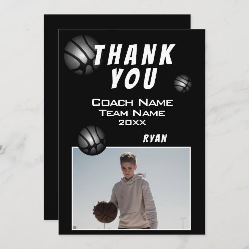 Modern Basketball Ball Photo Thank you Coach  - Modern Basketball Ball Photo Thank you Coach Card. Basketball thank you coach card with photo, thank you text, coach name, team name, year, your name and basketball balls. Add your photo into the template. Personalize the card with names and your text. 
Great thank you card for the basketball team coach.