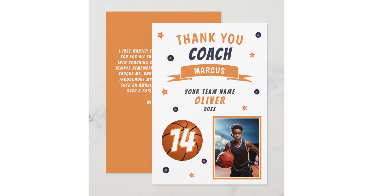 Modern Basketball Ball Photo Thank you Coach Card | Zazzle
