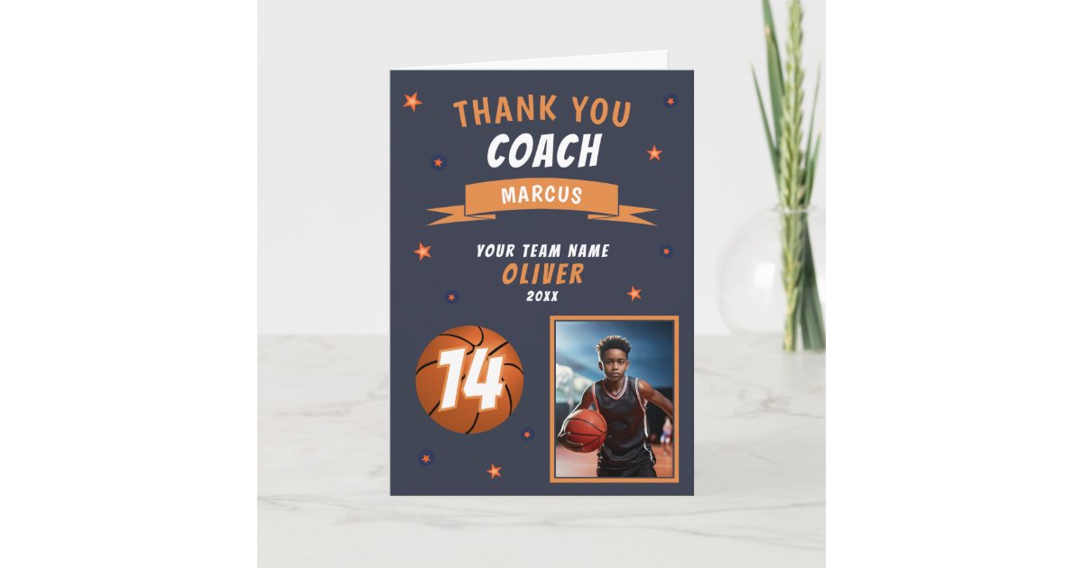 Modern Basketball Ball Photo Thank you Coach Card | Zazzle