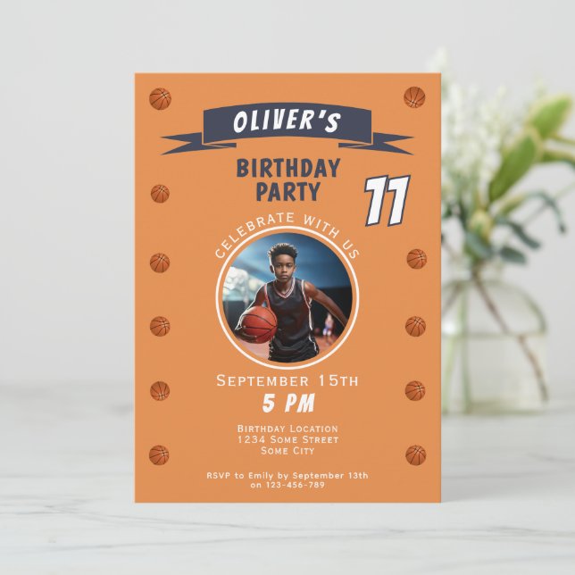 Modern Basketball Ball Sports Birthday Photo Invitation (Standing Front)