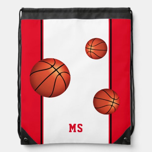 Modern Basketball Balls Red Monogram Drawstring Bag