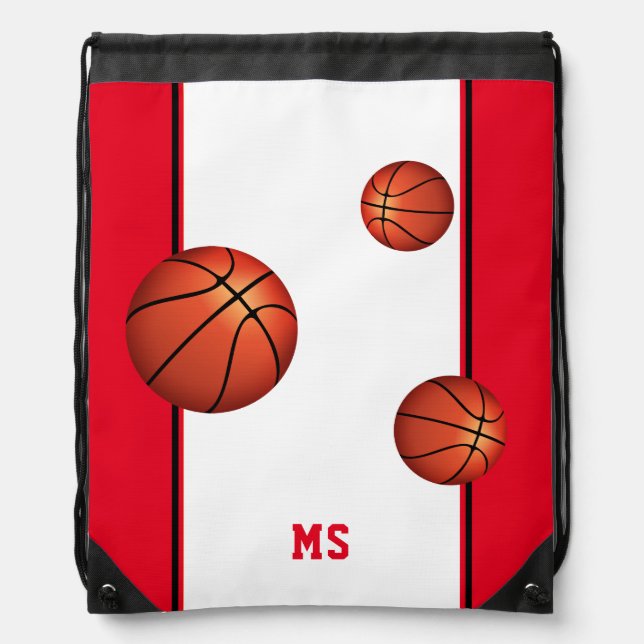 Modern Basketball Balls Red Monogram Drawstring Bag (Front)