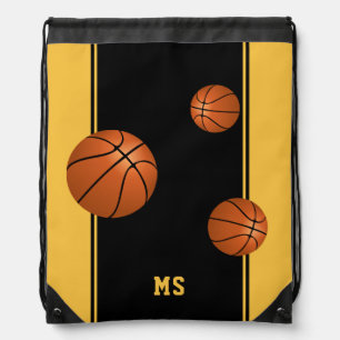 Modern Basketball Balls Yellow Black Monogram Drawstring Bag