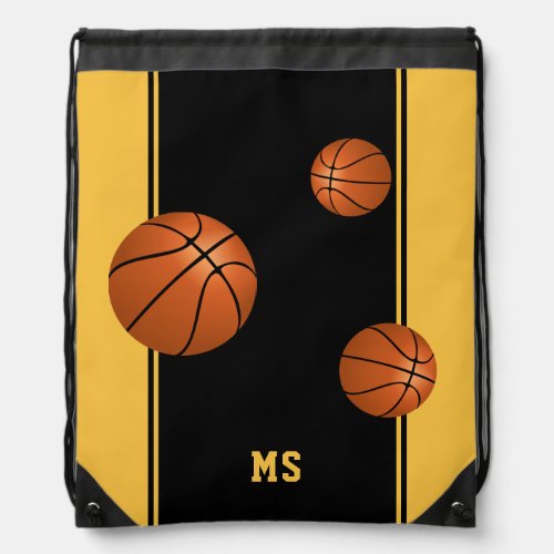 Modern Basketball Balls Yellow Black Monogram Drawstring Bag - Modern basketball balls on yellow and black background with custom monogram drawstring bag. Great for a boy or girl who loves basketball. Customize with your monogram, name or erase it.